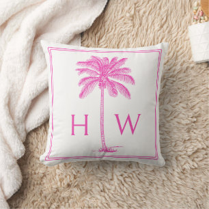 Pink and White Palm Palmetto Tree Monogram Throw Pillow