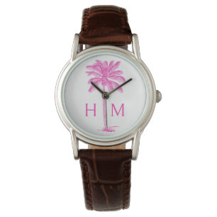 Pink and White Palm Palmetto Tree Monogram Watch