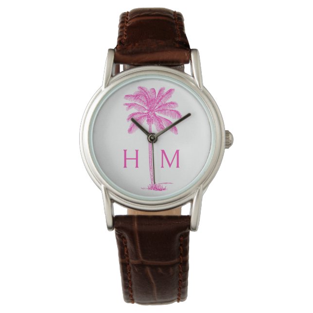 Pink and White Palm Palmetto Tree Monogram Watch (Front)