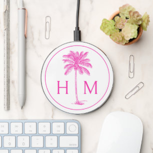Pink and White Palm Palmetto Tree Monogram Wireless Charger
