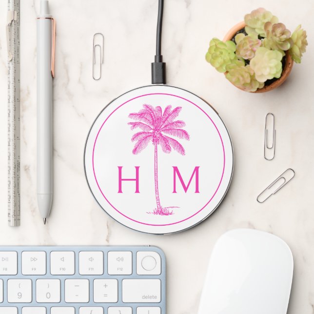 Pink and White Palm Palmetto Tree Monogram Wireless Charger (Desk)