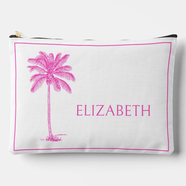 Pink and White Palm Palmetto Tree Personalized Accessory Pouch (Front)