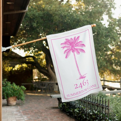 Pink and White Palmetto Palm Tree Personalized House Flag