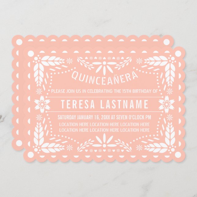 Pink and white papel picado Quinceañera Invitation (Front/Back)