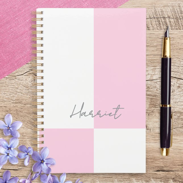 Pink and White Pastel Color Block Personalized Planner (A pink and white spiral bound color block notebook, with custom name in elegant script typography)