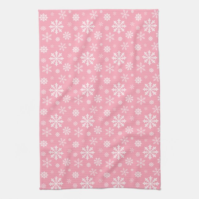 Pink And White Pattern Of Winter Snowflakes Kitchen Towel (Vertical)