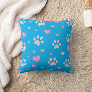 Pink and White Paw Print and Hearts Blue Pillow