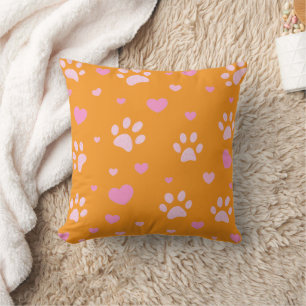 Pink and White Paw Print and Hearts Orange Pillow
