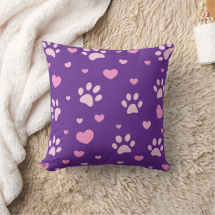 Pink and White Paw Print and Hearts Purple Pillow