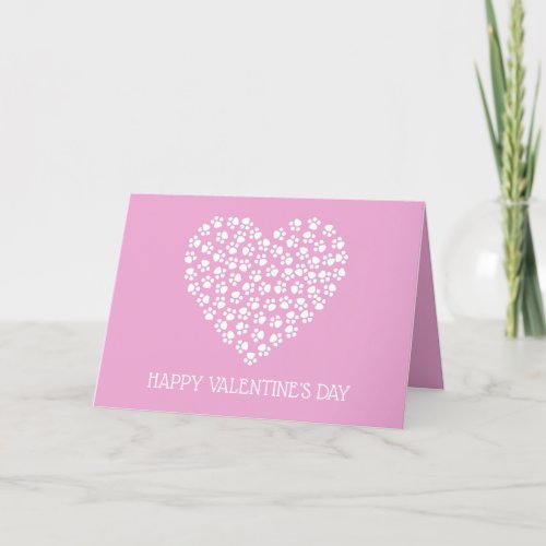 Pink and White Paw Print Heart Pet Valentine Holiday Card