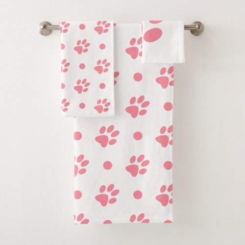 Pink and White Paw Prints and Polka Dots Bath Towel Set