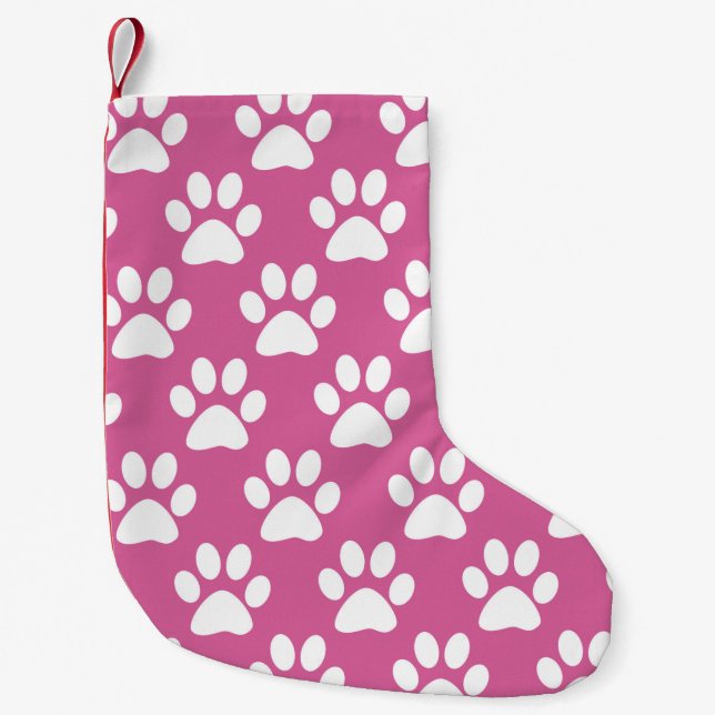 Pink and white paws pattern small christmas stocking (Front)