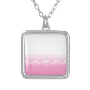 Pink And White Paws With Newsprint Background Silver Plated Necklace