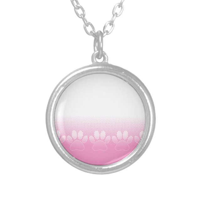 Pink And White Paws With Newsprint Background Silver Plated Necklace (Front)