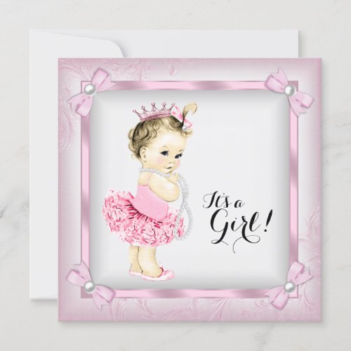 Pink and White Pearl Princess Tutu Baby Shower Invitation