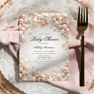 Pink and White Pearls with Diamonds Baby Shower Invitation