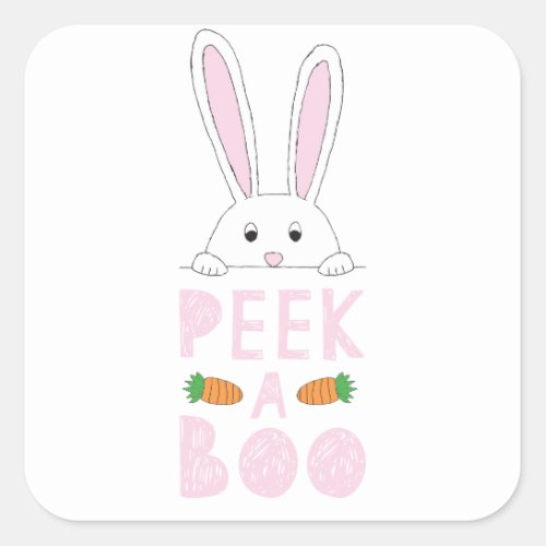 Pink and White Peeking Easter Bunny Peek_A_Boo Square Sticker