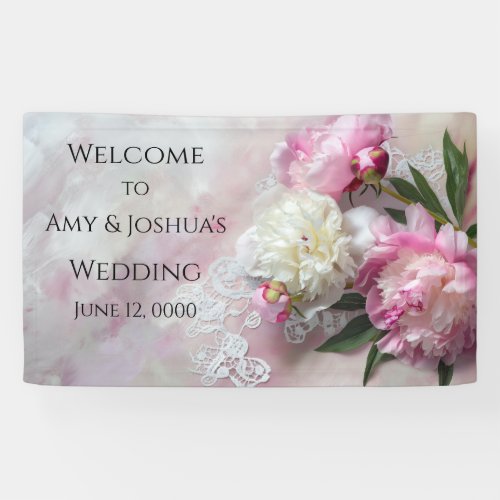 Pink and white peonies on lace banner