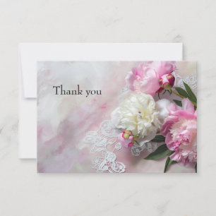 Pink and white peonies on lace thank you card