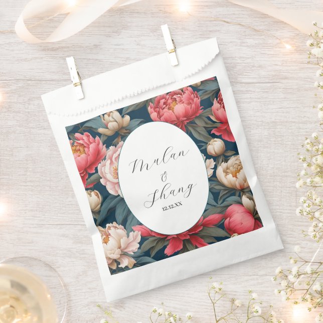 Pink and White Peonies Oriental Wedding Favor Bag (Clipped)