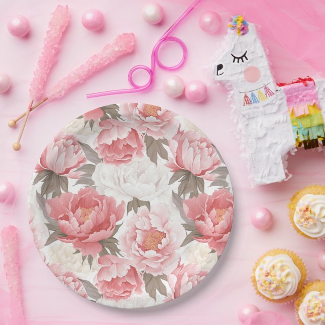 Pink and White peonies Paper Plates (Party)