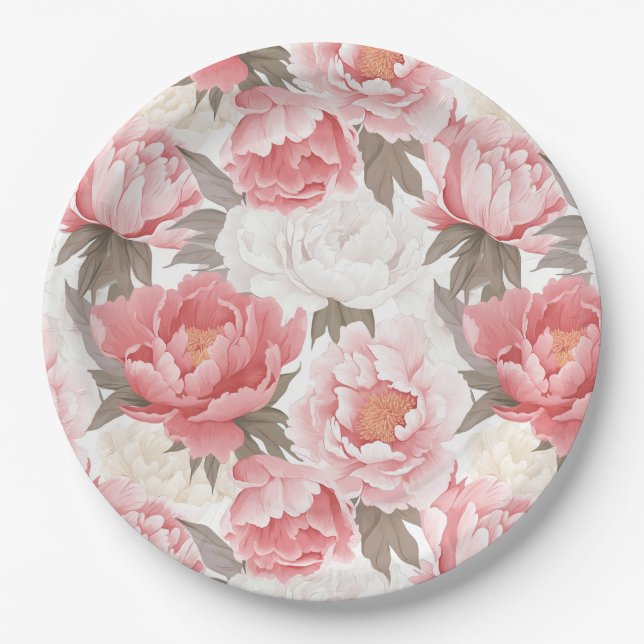Pink and White peonies Paper Plates (Front)