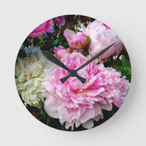 Pink and White Peonies Round Clock