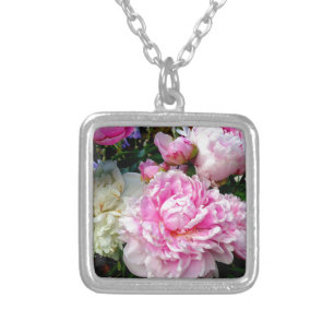 Pink and White Peonies Silver Plated Necklace