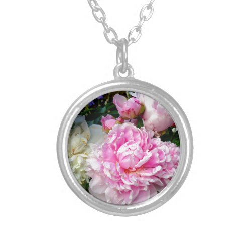 Pink and White Peonies Silver Plated Necklace