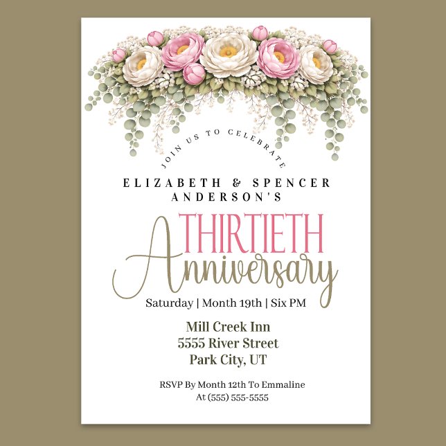 Pink and White Peony 30th Wedding Anniversary Invitation (Pink and white peony floral 30th wedding anniversary invitation)