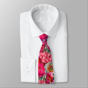 Pink and White Peony and Hydrangea Flowers Neck Tie