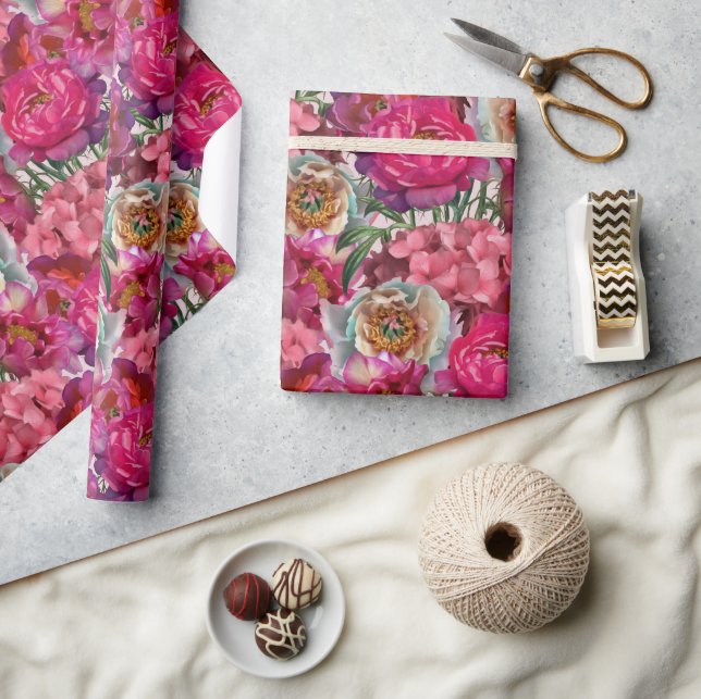 Pink and White Peony and Hydrangea Flowers Wrapping Paper (Crafts)