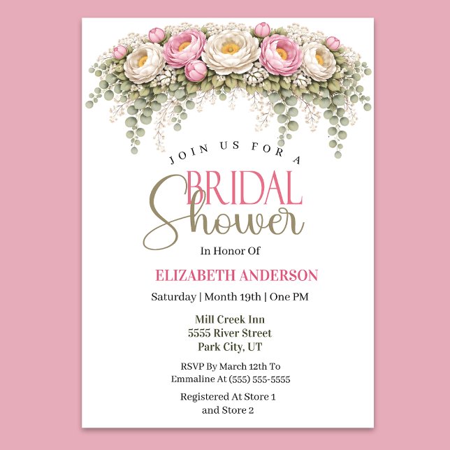 Pink and White Peony Bridal Shower Invitation (Elegant pink and ivory peony floral bridal shower invitation)