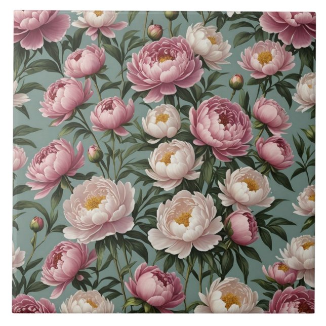 Pink and white Peony flowers Ceramic Tile (Front)