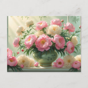 Pink and White Peony Flowers Still Life Postcard