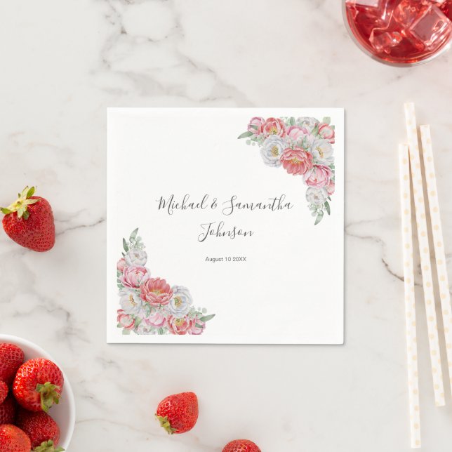 Pink and White Peony Wedding Napkins (Insitu)