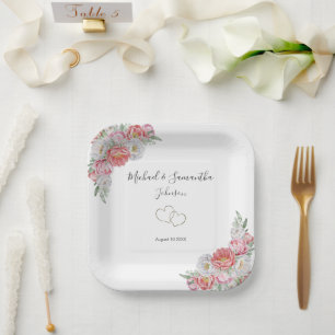 Pink and White Peony Wedding Paper Plates