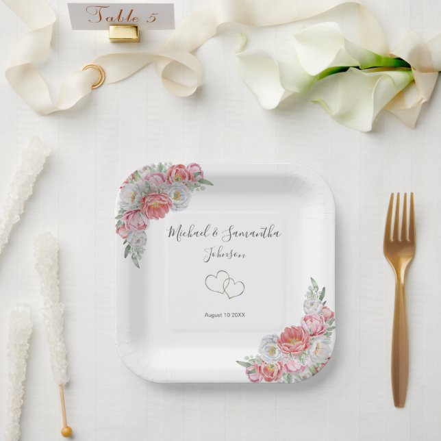 Pink and White Peony Wedding Paper Plates (Wedding)