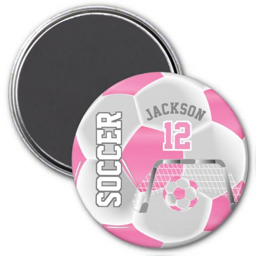 Pink and White Personalize Soccer Ball Magnet