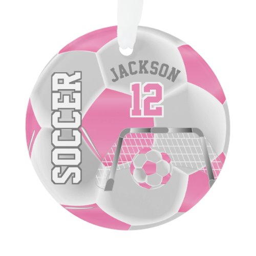 Pink and White Personalize ⚽ Soccer Ball Ornament