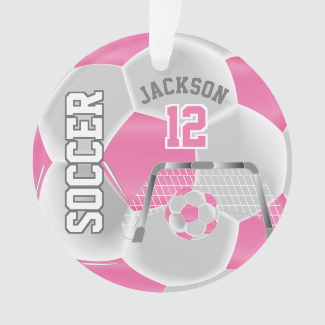 Pink and White Personalize ⚽ Soccer Ball Ornament (Front)