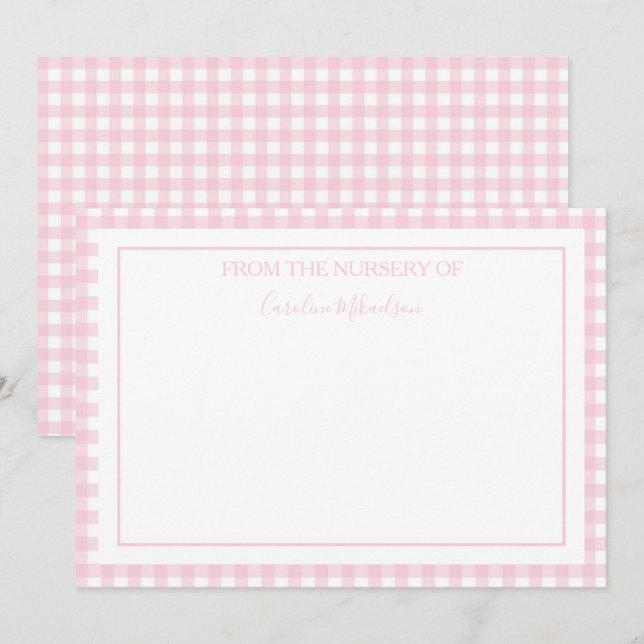 Pink and White Personalized Gingham Pattern  Note Card (Front/Back)