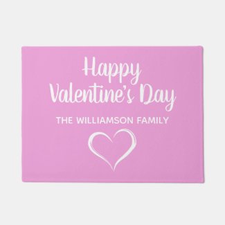 Pink and White Personalized Happy Valentines Day Doormat