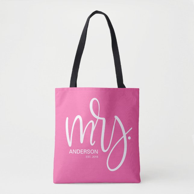 Pink and white personalized Mrs. ESTABLISHED Tote Bag (Front)