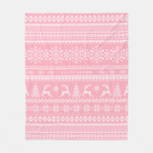 Pink And White Personalized Name Christmas Sweater Fleece Blanket