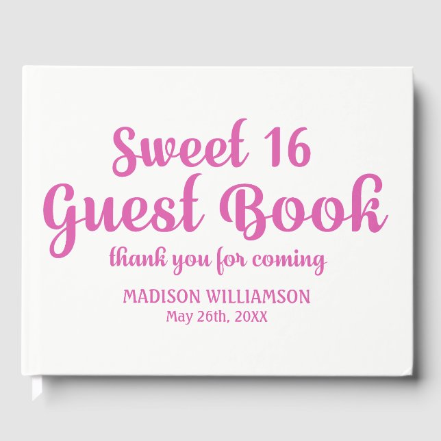 Pink and White Personalized Sweet 16 Party Guest Book (Front)