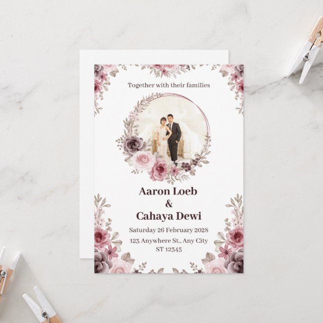 Pink and White Photo Floral Wedding Invitation (Front/Back In Situ)