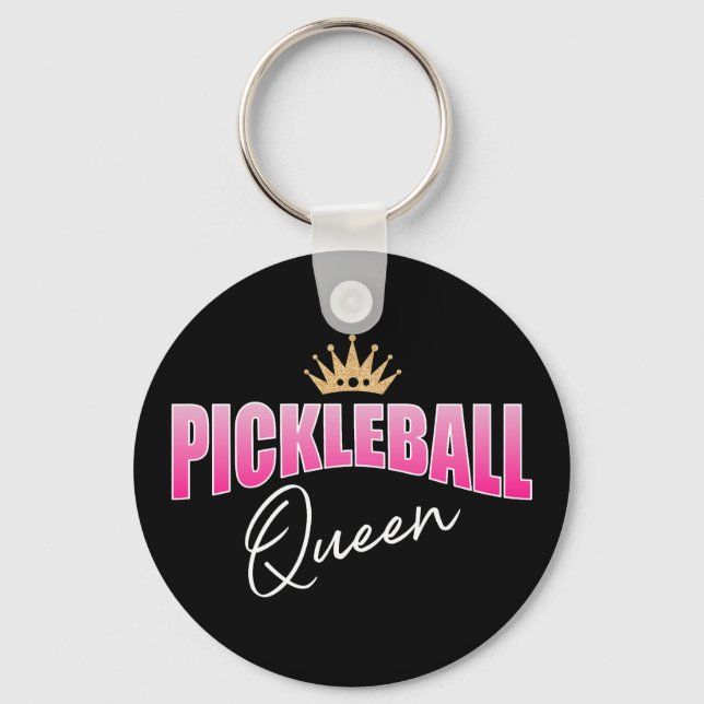 Pink And White Pickleball Queen Gold Crown Keychain (Front)