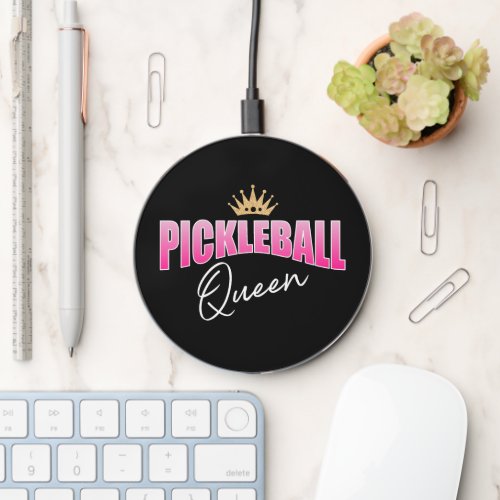 Pink And White Pickleball Queen With Crown Wireless Charger