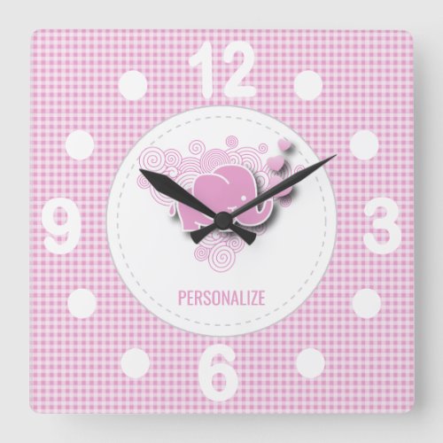 Pink and White Plaid Baby  Elephant Large Clock